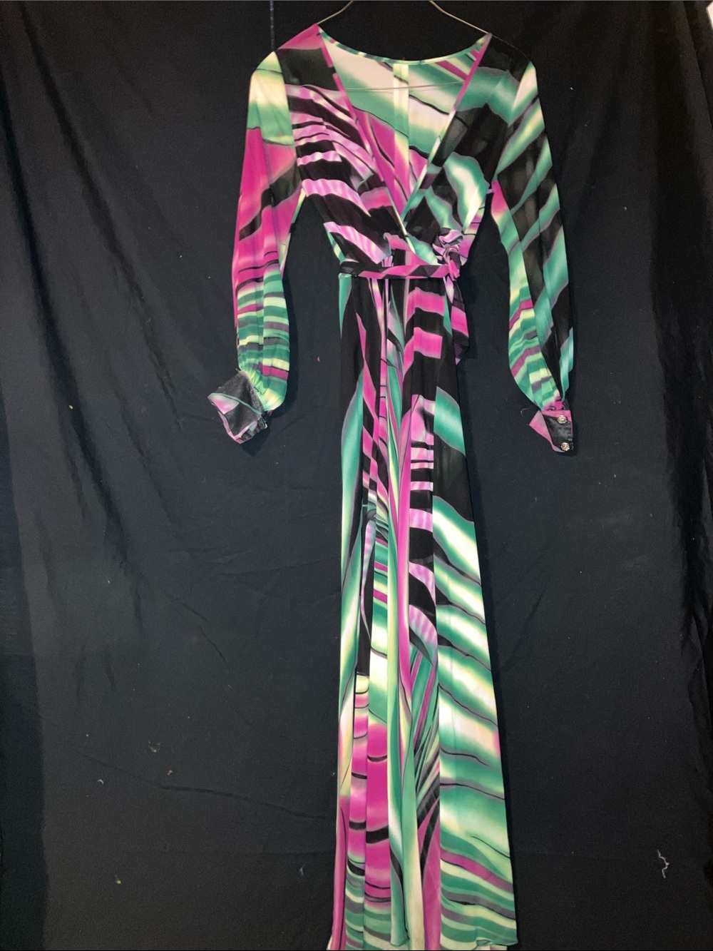 Source Unknown Long Sleeve Wrap Maxi Dress in Pink, Green, Black